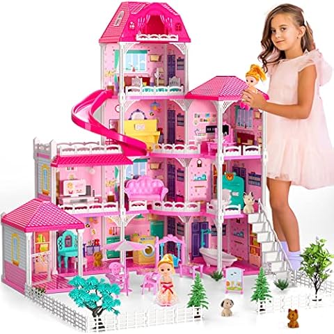 Dollhouses, Housetoys Furniture Pink Girl Toys, 4 Stories 10 Rooms Dreamhome with 2 Princesses Slide Accessories, Toddler Playhouse Gift for for 3 4 5 6 7 8 9 10 Year Old Girls Toys Cover