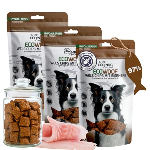 ECO WOOF Fisch Hundeleckerli - Getrocknete Wels Chips 97% mit Bierhefe - 375 g - Getreidefrei - Single-Protein - Mit Omega 3 - Unterstützt stabile Darmflora & Verdauung - Nicht fettend & Geruchsarm