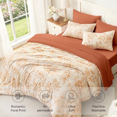 Image of Andency Floral Comforter Full Set, 7 Pieces Orange Rose Flower Bedding Set