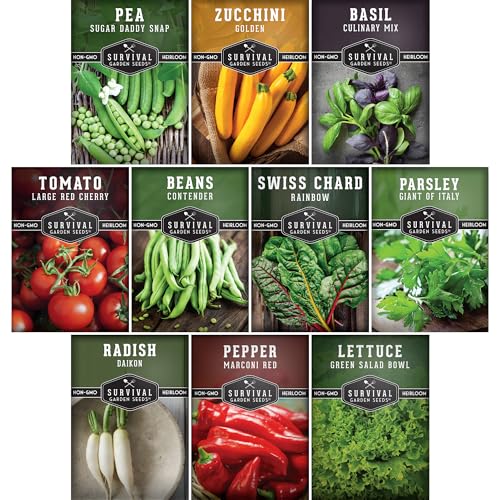 Easy to Grow Vegetable & Herb Seed Collection - 10 Packs of Non-GMO Heirloom Open-Pollinated Veg & Herb Essentials for Gardening Beginners - Seed Saver Instructions on Packets - Survival Garden Seeds