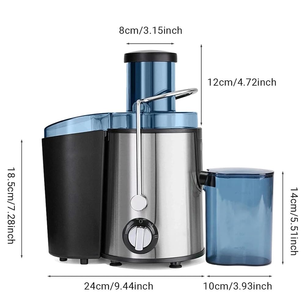 Licuadora centrífuga de 800 W, de acero inoxidable, con capacidad de 450 ml, control de 2 velocidades, sistema antigoteo y tolva de alimentación de 65 mm para frutas y verduras.