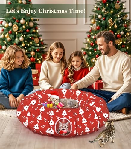 Image of Pawaboo Cat Tunnel Bed Under Christmas Tree, 35.4'' Christmas Cat Toy Circle Tunnel with Ball,Cats Tunnels Christmass Trees Skirt Decorative Festive Foldable Kitty Tube Tunnels for Cats(Red Xmas Tree)