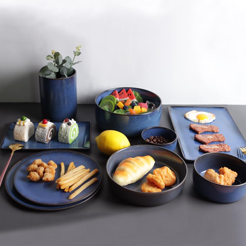 Talerze Niebieska Ceramiczna Zastawa Stołowa Styl Nordycki Talerz Do Steków W Stylu Zachodnim Talerz Do Sushi Miska Na Ryż Miska Na Zupę Miska Na Sałatkę Miska Na Makaro,A-7PCS