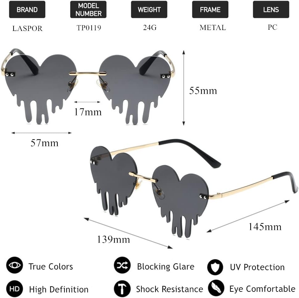 LASPOR Melting Heart Sunglasses for Women Men Rimless Love Dripping Party Glasses Gold Metal Frameless Tear Drop Eyewear - Image 5
