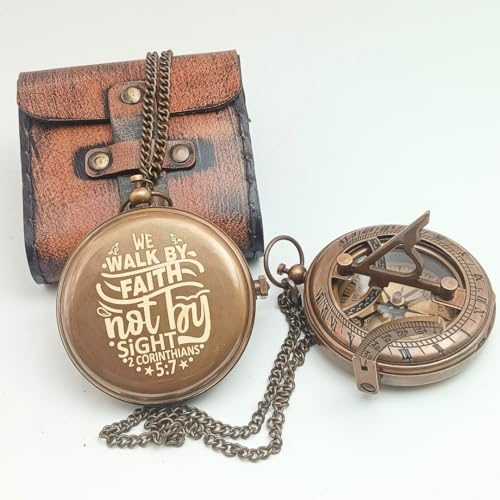 Behinde You Engraved Sundial Compass with Leather case. We Walk by Faith Not by Sight Corinthians 5:7 Compass. Personalized Brass Pocket Compass Gifts for Men, Him, Son (WE Walk by Sight)