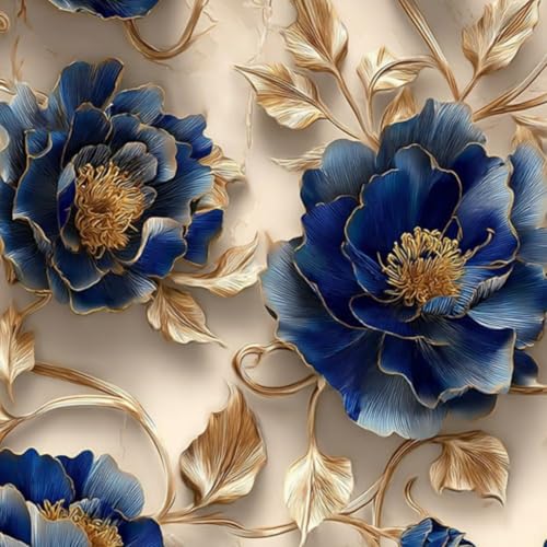 壁紙 60cm x 300cm 剥がせる 金のアクセントと詳細な花弁が施されたエレガントな青い花のデザイン 多機能 防水/汚れ防止/防油 食器棚 クロ 玄関 ふすま紙 家具 部屋 DIY 賃貸OK