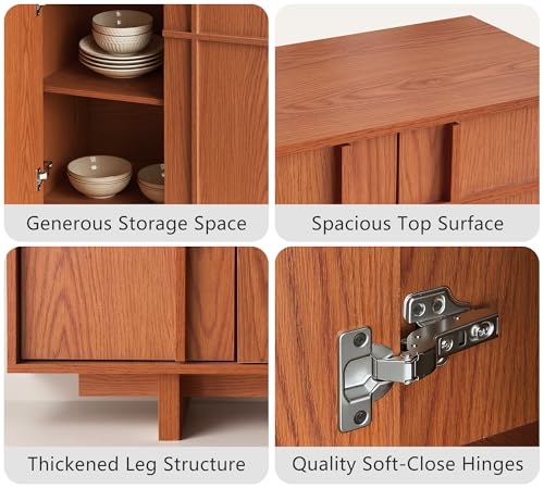 Image of Sideboard Buffet Cabinet with Storage, Mid Century Modern Accent Cabinet with Skeleton Line & Wood Grain Texture, 63 inch Minimalist Credenza for Living Room Kitchen Dining Room Entryway, Cherry
