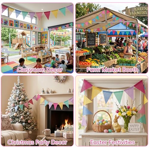 Image of Pastel Pennant Banner Flags - 12 Strings 156ft Colorful Triangle Bunting Burlap for Birthday, Classroom, Graduation, Party, Carnival, Back to School & Outdoor Decorations