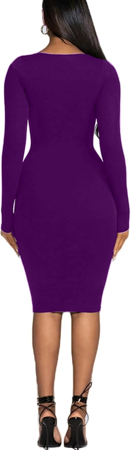 Women's Long Sleeve Bodycon Dress - Knee Length Midi Spring Fall Club Party Fitted Tight Pencil Dresses - Image 4