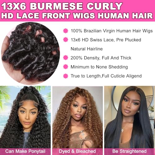 Image of 13x6 Lace Front Wigs Human Hair 200% Density Burmese Curly Wig Human Hair 22 Inch HD Transparent Curly Human Hair Wig Glueless Wet and Wave Pre Plucked Hairline with Baby Hair Natural Black