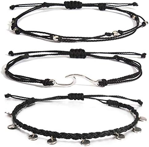 Lynnaneo Waterproof String Anklets Cute Beaded Ankle Bracelets Boho Wave Anklet Stainless Steel Coin Beach Foot Jewelry for Women Teen Girls(Black)