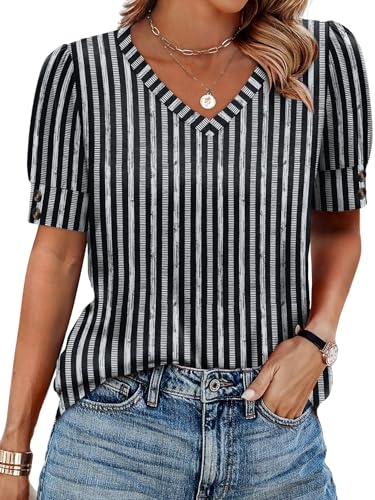 Image of OFEEFAN Womens Tops Short Sleeve Shirts Buttons V Neck Spring Fashion Summer Outfits Plus Size Blouses Dressy Casual