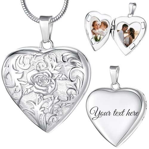 Fanery Sue Personalized Vintage Locket Necklace that Holds Pictures, Customized Picture Lockets Personalized Heart Locket Photo Memorial Jewelry Mothers Day Gifts for Women