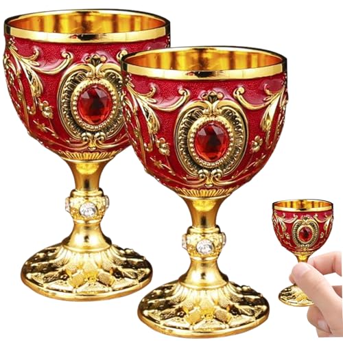 Gcroet Wine Goblet Set of 2 Luxurious & Vintage Wine Glasses 30ml Alloy Goblet with Rhinestone Carved Polished European Goblets for Party, Dining, Banquet, Gold + Red.