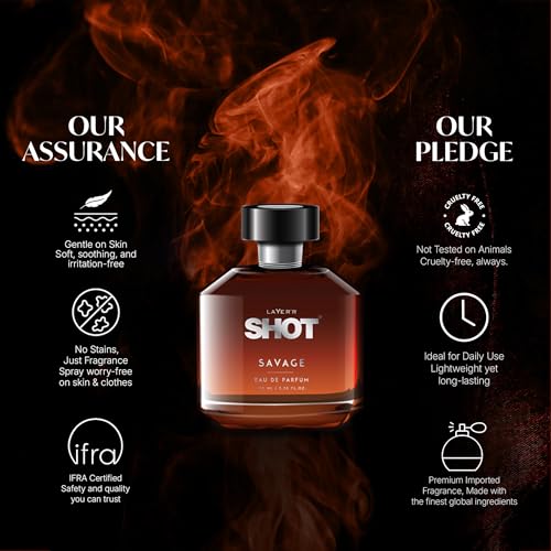 Image of Layer'r SHOT Savage Eau De Parfum for Men, 100ml | Long-lasting woody oriental fragrance with oud, cardamom, rose, pink pepper, labdanum & Peru balsam notes.