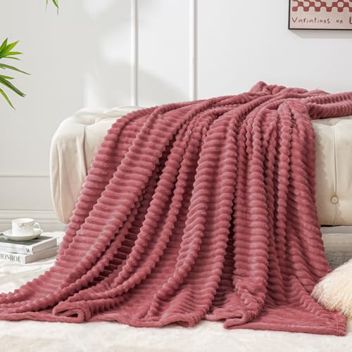 Image of BEDELITE Fleece Throw Blanket for Couch - 3D Ribbed Jacquard Soft and Warm Decorative Fuzzy Blanket - Cozy, Fluffy, Plush Lightweight Brick Dust Throw Blanket for Bed, Sofa, 50x60 Inches