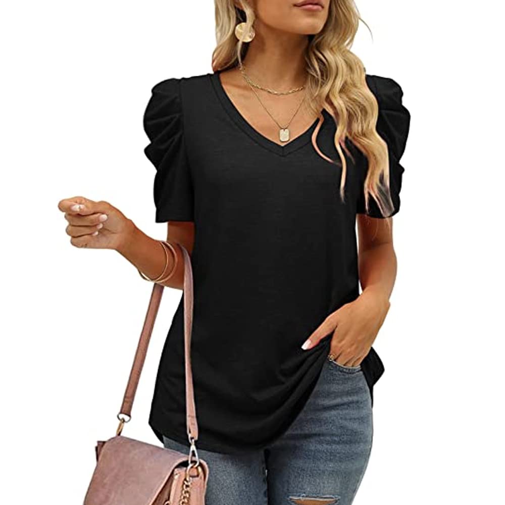 BKEPDY Camisetas Manga Corta Mujer Verano Camisa Cuello V Manga Hueca Burbuja Elegante Casual Top Short Sleeve Shirt Clásica Básica Top Suelto T-Shirt Tops