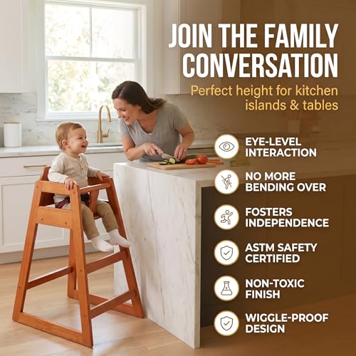 Image of Walnut Wooden Restaurant High Chair - Stackable Rubberwood Dining Chair with Safety Bar, Easy-Clean Finish, Commercial Restaurant Seating