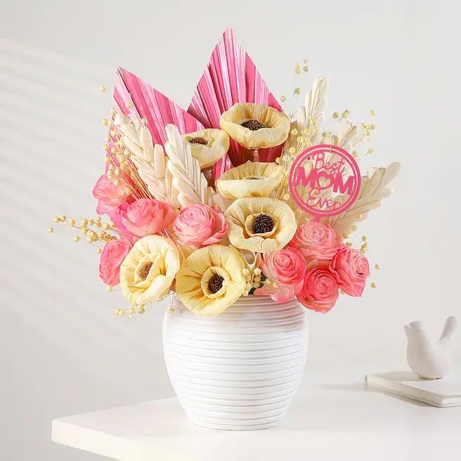 Dried Flower Arrangement in White Resin Pot for Mother's | Sola & Maize Blooms, Dried Palm Leaf Filler, Bleached Tishi Grass, Ready-to-Display, Handcrafted Bouquet-image-24