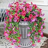 HyeFlora 2Pcs Artificial Flowers Fake Floral for Outdoors Decorations, Summer Hanging Flower Decoration, UV Resistant Silk Flower for Front Porch Patio Garden(Purple and Hotpink)