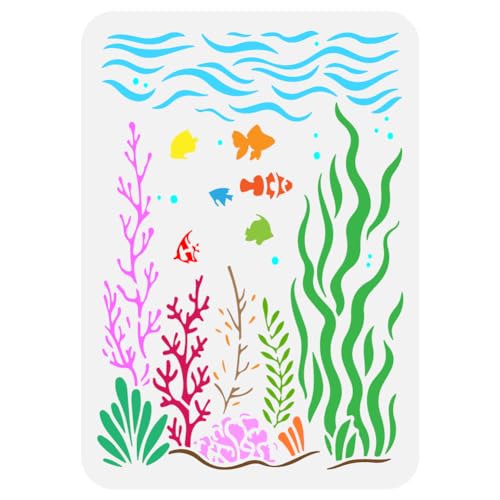 FINGERINSPIRE Wellen Meeresboden Malerei Große Schablone 21x29.7 cm PET Meeresleben Sprühen Vorlage Wasserpflanzen Clownfische Korallen Algen Kelp Muster Schablone Sommer Ozean Thema Wandvorlage