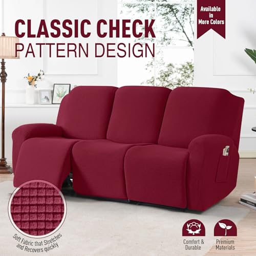 Image of TAOCOCO Recliner Sofa Covers 8-Pieces Stretch Large Couch Covers for 3 Seats Reclining Slipcovers Soft Jacquard Pattern Furniture Protector (Burgundy)