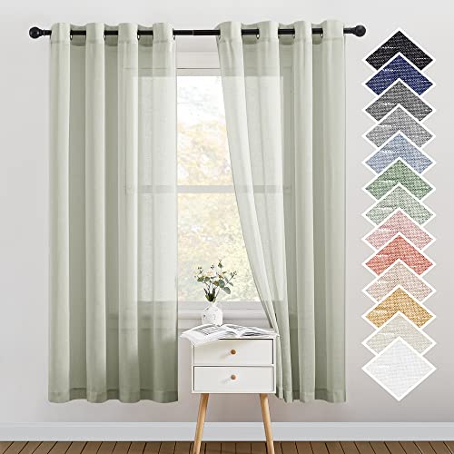 NICETOWN Flax Linen Sheer Curtains for Bedroom, Retro Grommet Top Linen Blend Semitransparent Privacy Window Treatment Light Filtering for Living Room, Sage Green, 52" W x 72" L, Set of 2