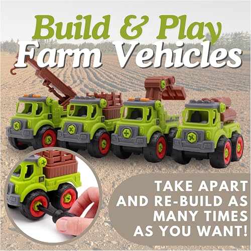 Toyland® 4er-Set – 11 cm (4,3 Zoll) DIY-Landwirtschaftsfahrzeuge und Schraubendreher – Bauen Sie Ihre eigenen Landwirtschaftsfahrzeuge zusammen und Bauen Sie sie – Spielzeug-LKW