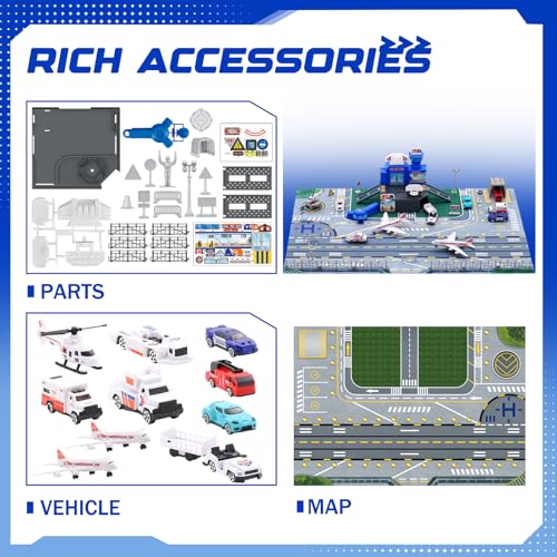 Flugzeug Spielzeug für Kinder mit Hubschrauber, Flugzeug, Lastwagen, Schilder, Feuerwehrautos und Flughafen-Spielmatte, Parkgarage Spielset Geschenk für Kinder 3+ Jungen Mädchen