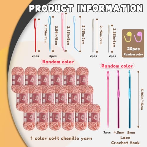 Image of LUNARM Chenille Yarn for Crochet Knitting Chunky Blanket Velvet Yarn | 18 Pack 100g /3.5oz Thick Soft Chenille Yarn for Beginners Knitting Fluffy Weaving Plush Scarves with Big Eye Needles