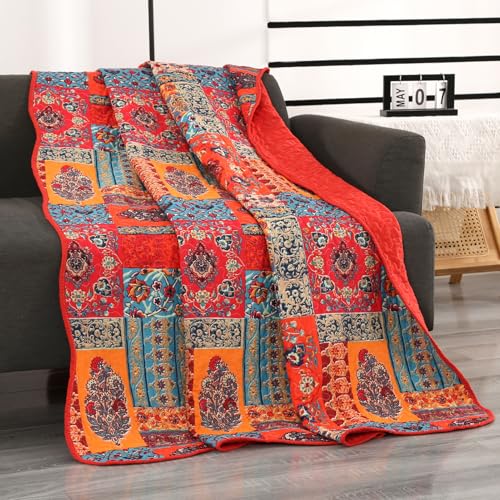 Qucover Couvre Lit 1 Personne, Dessus de Lits et Couvre-Lits 150x200cm, Boutis Couvre Lit Coton Patchwork Bohème, Plaid Grande Taille Mixte Couleur Oranges