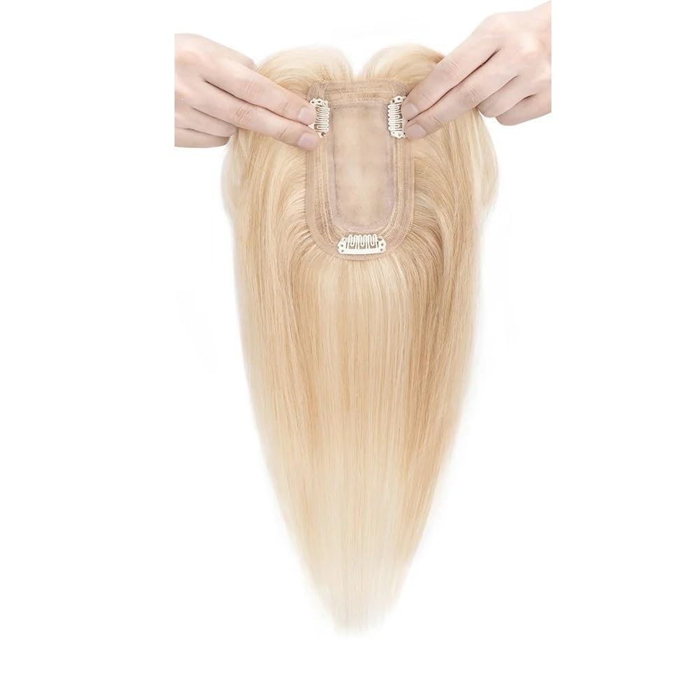 Topper z prawdziwych włosów z grzywką, włosy Remy dla kobiet, cieńsze u góry, 7 x 13 cm, duża treska Clip In na bazie jedwabiu, puszysta i naturalna