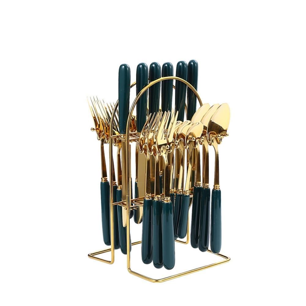 24 Pezzi Manico in Ceramica Imitazione Marmorizzata Cucina Acciaio Inossidabile Posate Stoviglie Posate Coltelli Forchette Cucchiai Set Per 6 Persone (Verde scuro,B)