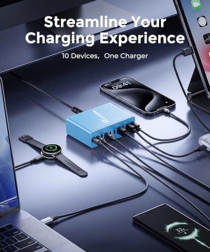 Image of USB C Charging Station 10 Port with 4 Cables,245W GaN Charger Block | Type C Wall Charger Power Strip Adapter Plug for iPad iPhone17 16 15 14 13 12 Pro Max Pixel Note Galaxy Blue