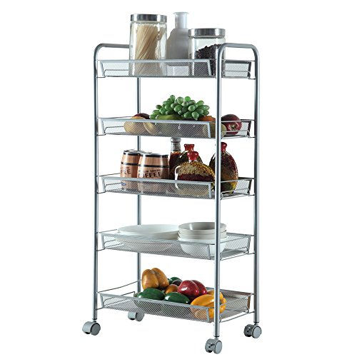 5-Tier Metal Mesh Rolling Cart, Kitchen Rolling Utility Cart Trolley Storage Cart with Lockable Wheels for Home Kitchen Office Bathroom (5-Tier Silver)