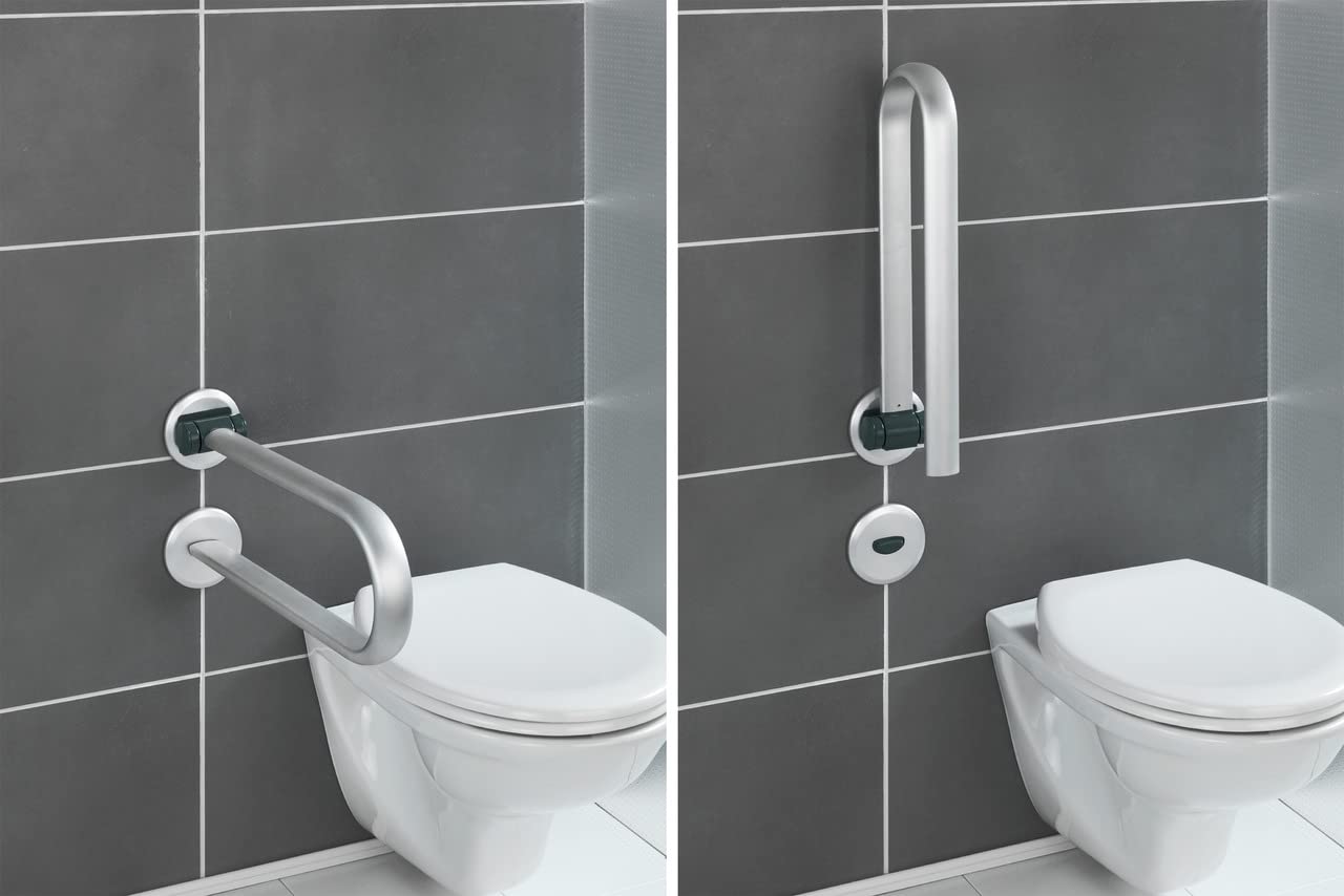 WENKO Appoggio ribaltabile per WC Secura Premium - Maniglione di sicurezza pieghevole per la zona del lavabo e del WC, portata fino a 120 kg, Alluminio, 53 x 11 x 27 cm, Argento opaco