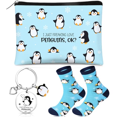 Hestya 3 Teiliges Pinguin Geschenkset für Frauen Liebhaber Kosmetiktaschen Socken Schlüsselanhänger Inspirierende Süße Pinguin Geschenk Weihnachten für Liebhaber Freunde Freundin
