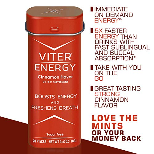 Viter Energy Caffeinated Mints - 40mg Caffeine, B Vitamins, Sugar Free Vegan Breath Mint. Powerful Energizing Boost. 2 Energy Mints Replace 1 Coffee, Gum, Chews, Gummies, Candy (Cinnamon, 6 Pack) - Thumbnail 2