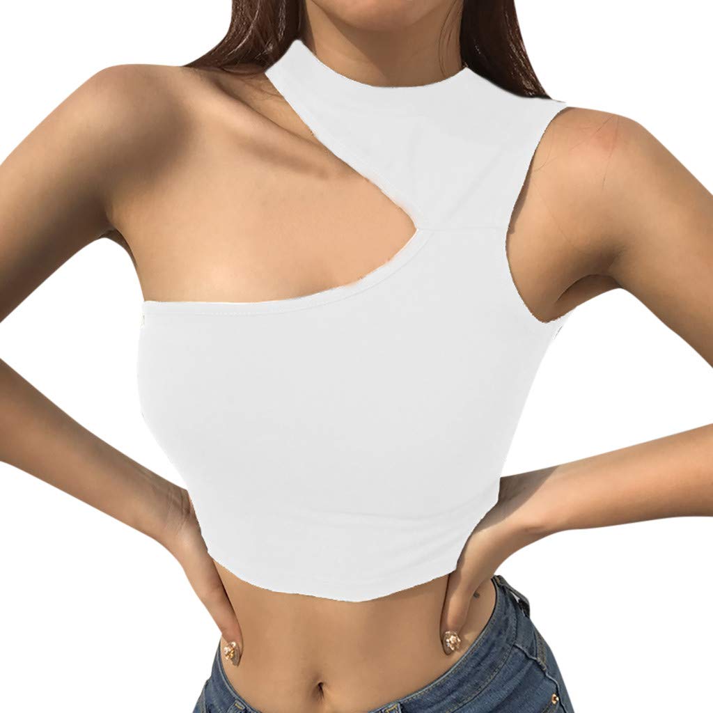 Summer Fashion Women Fitted Crop Top One Shoulder Sexy Sleeveless Strappy Bandeau Tank Tops Tees