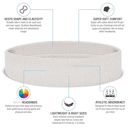 Suddora Sweatbands for Kids, Moisture Wicking 2 Wristbands and 1 Headband Set, Soft and Skin-Friendly Fabric, Moisture-Wicking Athletic Sweat Bands for Basketball, Baseball, Soccer, White