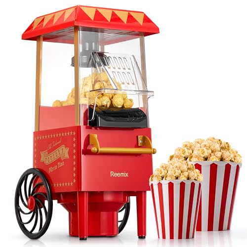Macchina popcorn, Reemix 1200W Retrò Popcorn Maker, Senza olio, Popcorn fresco fatto in casa in meno di 3 minuti, Utilizza aria calda, Coperchio staccabile, Feste, Serate cinematografiche, Rosso