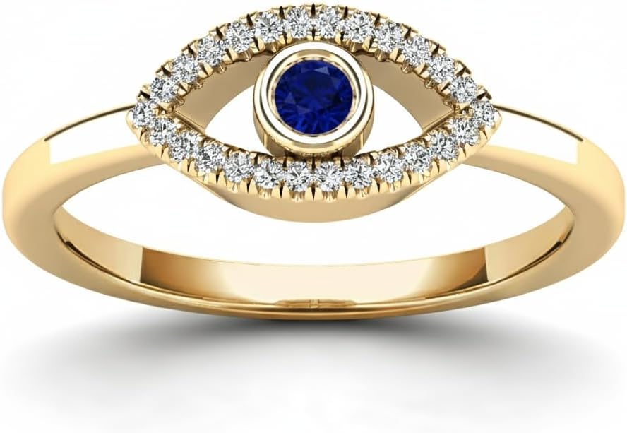 ANYGOLDS 14K Real Solid Gold Evil Eye Ring With Blue Sapphire & Diamonds - Halo or Cluster Design, Diamond Gold Ring for Women - Sapphire Diamond Protection Ring - Perfect for Minimalist Design