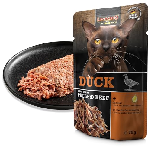 LEONARDO Frischebeutel [16x70g Duck mit Fleischstreifen] Pulled Beef | Getreidefreies Nassfutter für Katzen | Alleinfuttermittel Katzenfutter