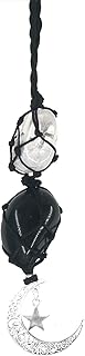 Blue Evil Eye Healing Crystal Stone Car Hanging Accessories Charm Ornaments Decor with Moon and Star (White Crystal-Obsidian)