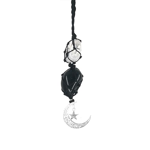 Crystals Obsidian Crystal Stone Cute Boho Car Mirror Hanging Accessories for Women and Men,Car Charm for Rear View Mirror Ornaments Decor with Moon and Star - White Crystal-obsidian