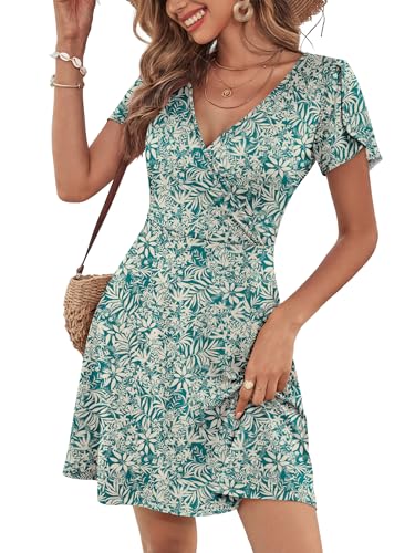 Image of ANRABESS Womens Summer Dresses Short Sleeve Wrap Deep V Neck A-Line Floral Dress Causal Flowy Boho Beach Vacation Sundress