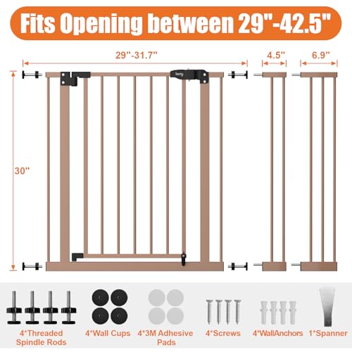 Image of keny 29 inch-42.5 inch Baby Gate for Stairs, Auto Close Safety Dog Gate | Pressure Mounted Easy Walk Through Pet Gate for Doorways, Durable Stair Gate, 30 inch Tall, Brown