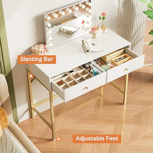 Image of SUPERJARE 31.5 inch White and Gold Desk with 2 Drawers, Modern Vanity Desk