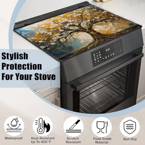 Image of Gold Tree Stove Top Covers for Electric Stove,Spring White Flower Glass Top Stove Cover, Heat Resistant Range Covers for Electric Stove,Washable Countertop Mat, 28 x 20 Inch