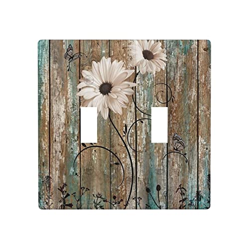 Placa de pared de 2 cuadrillas rústica con diseño de margaritas para interruptor de luz doble 2